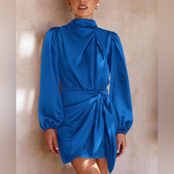 BTFBM Women's Long Sleeve Satin Mock Neck Ruched Tie Waist Large - Picture 2 of 8